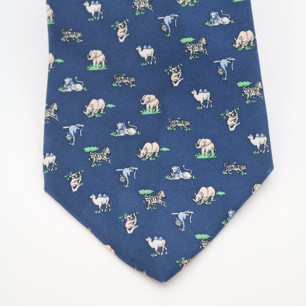 Salvatore Ferragamo, vintage navy silk tie with small safari animals